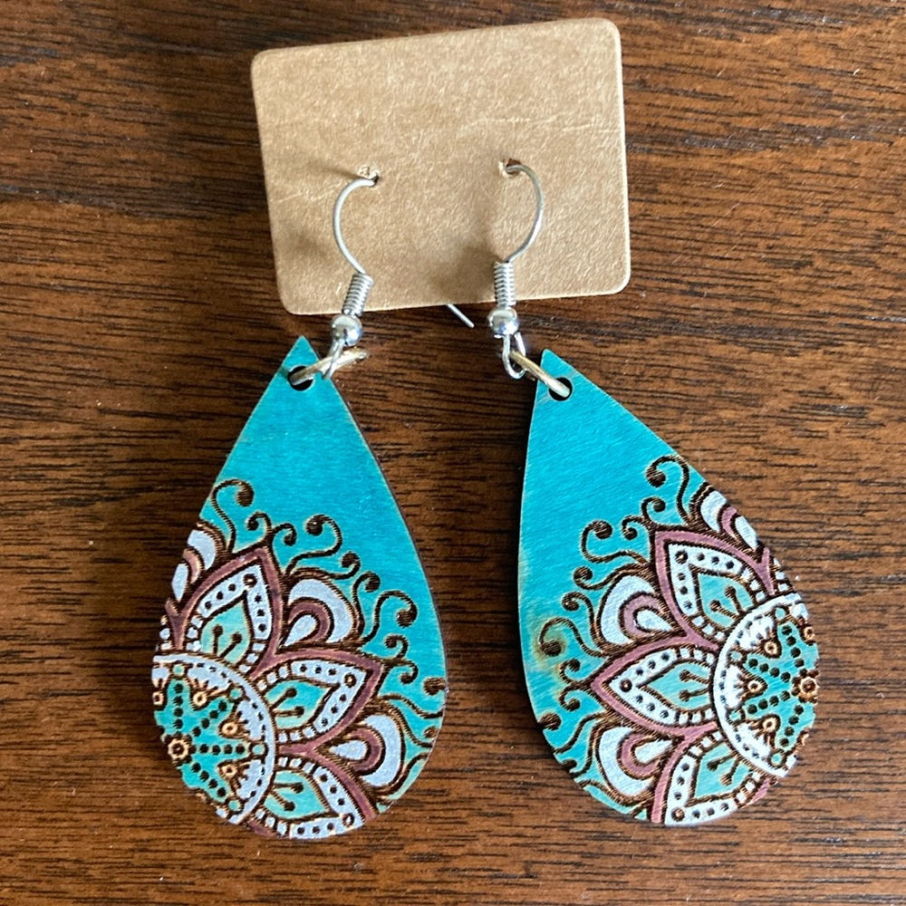 Wooden Teardrop Mandala Earrings
